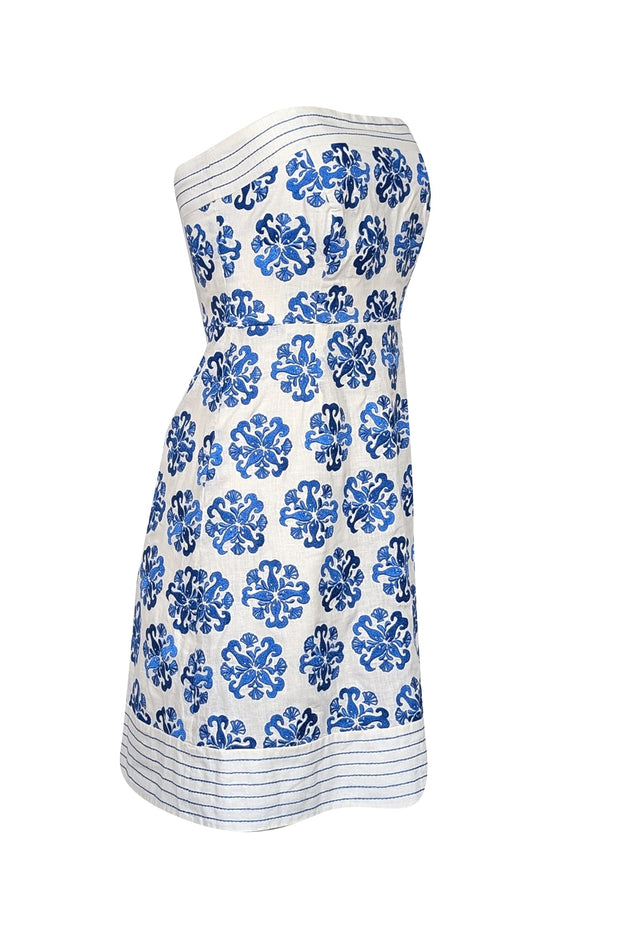 Current Boutique-Lilly Pulitzer - White w/ Blue Embroidered Detail Strapless Dress Sz 0