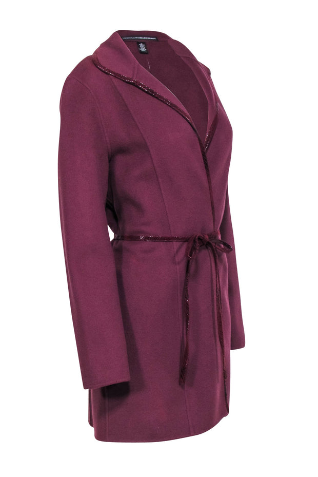 Current Boutique-Linda Allard x Ellen Tracy - Plum Wool Belted Jacket w/ Leather Trim Sz 10