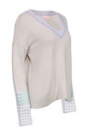 Current Boutique-Lisa Todd - Cream Cotton Blend Sweater w/ Whipstitch Trim & Crochet Cuffs Sz M