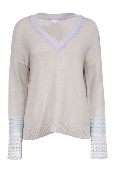 Current Boutique-Lisa Todd - Cream Cotton Blend Sweater w/ Whipstitch Trim & Crochet Cuffs Sz M