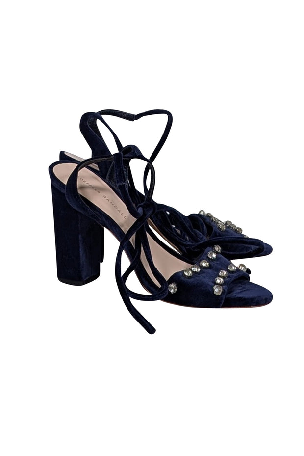 Current Boutique-Loeffler Randall - Navy Velvet Open Toe Rhinestone Pumps Sz 8