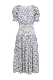 Current Boutique-Loeffler Randall - White w/ Blue, Green, & Tan Floral Print Smoked Detail Dress Sz XS