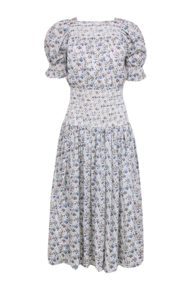 Current Boutique-Loeffler Randall - White w/ Blue, Green, & Tan Floral Print Smoked Detail Dress Sz XS