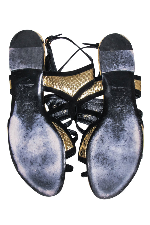 Current Boutique-Louis Vuitton - Gold & Black Python Embossed Strappy Gladiator Sandals Sz 9.5