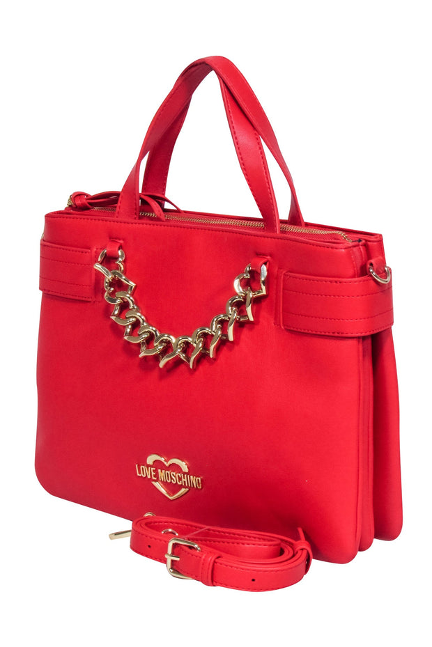 Current Boutique-Love Moschino - Red Faux Leather w/ Gold Chain Heart Detail Satchel Bag