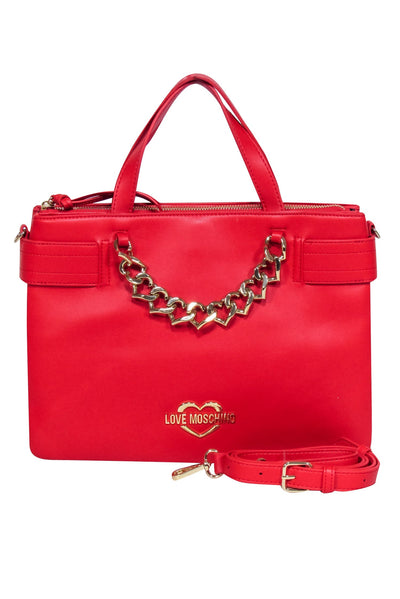 Current Boutique-Love Moschino - Red Faux Leather w/ Gold Chain Heart Detail Satchel Bag