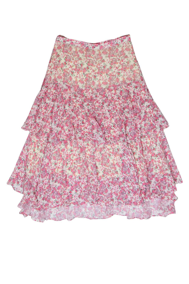 Current Boutique-LoveShackFancy - Cream Tiered Midi Skirt w/ Pink Floral Print Sz M