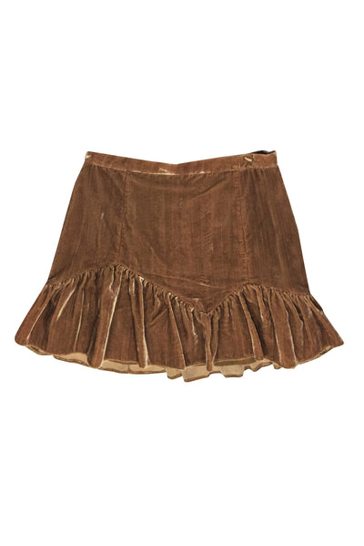 Current Boutique-LoveShackFancy - Golden Brown Velvet Ruffled Bottom Skirt Sz 8