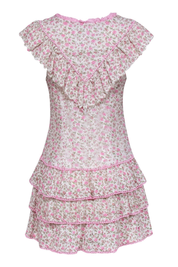 Current Boutique-LoveShackFancy - Ivory & Pink Floral Print Eyelet Lace Mini Dress Sz 6