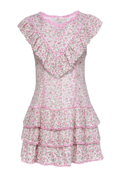 Current Boutique-LoveShackFancy - Ivory & Pink Floral Print Eyelet Lace Mini Dress Sz 6