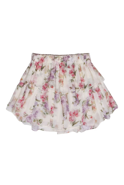 Current Boutique-LoveShackFancy - Ivory & Pink Floral Tiered Mini Skirt Sz S