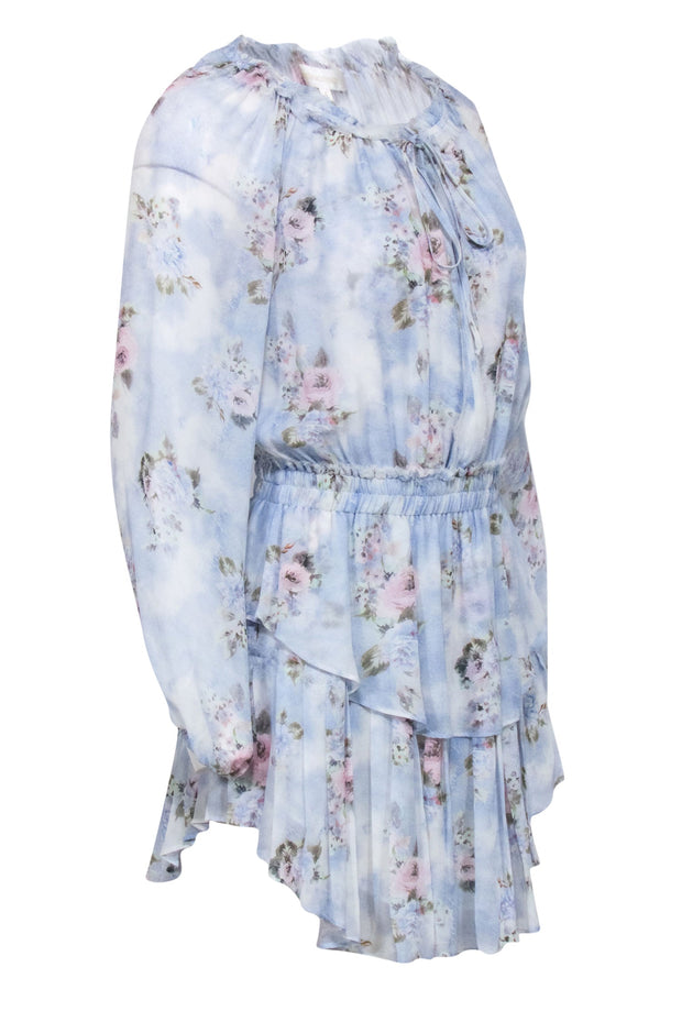 Current Boutique-LoveShackFancy - Light Blue & White Floral Print Ruffled Silk Dress Sz S