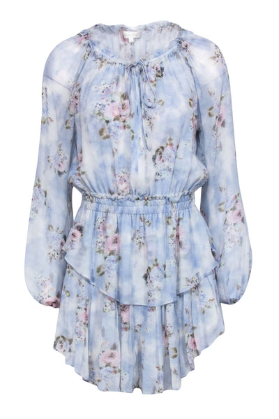 Current Boutique-LoveShackFancy - Light Blue & White Floral Print Ruffled Silk Dress Sz S