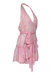 Current Boutique-LoveShackFancy - Pink, Purple & Orange Swirl Print Halter Wrap Mini Dress Sz M