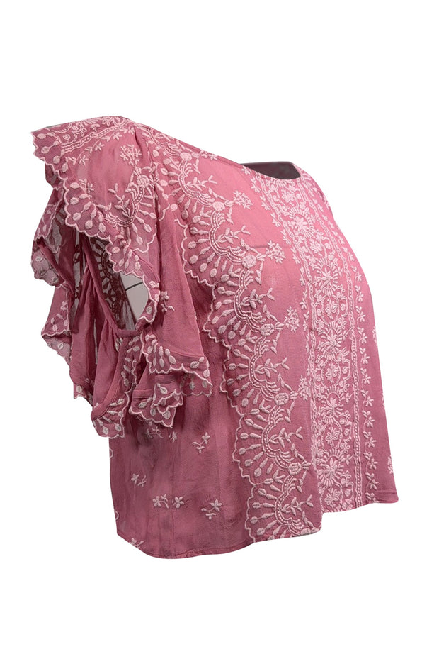 Current Boutique-LoveShackFancy - Pink Semi-Sheer Embroidered Blouse Sz M