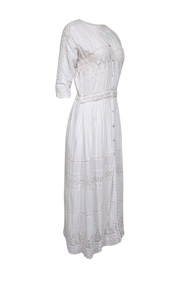 Current Boutique-LoveShackFancy - White Eyelet Trim Cotton Button Front Maxi Dress Sz M