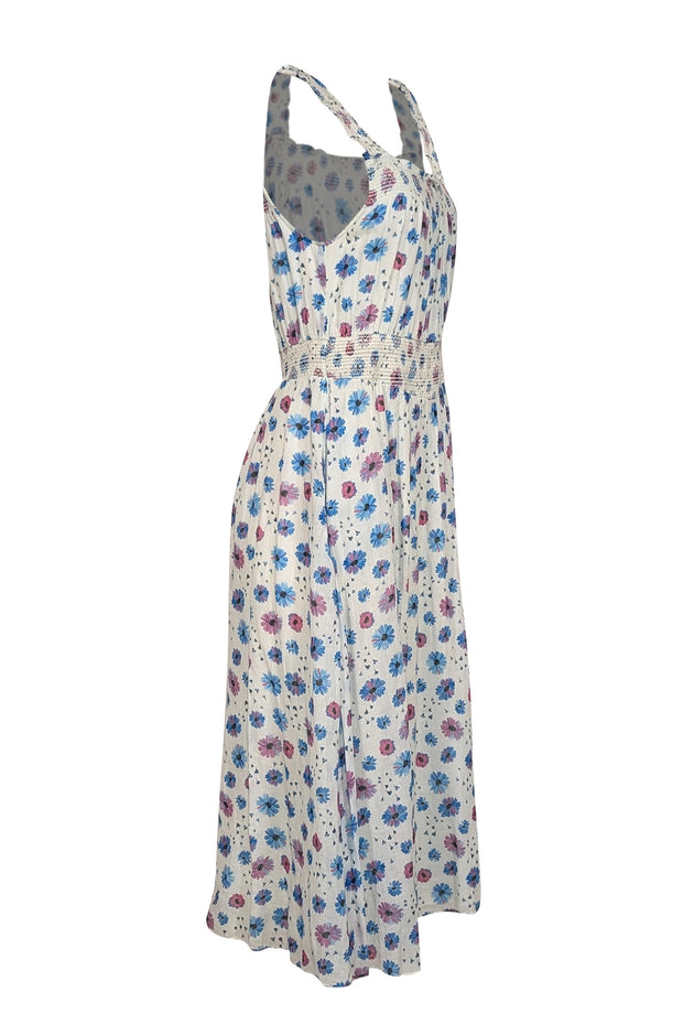 Current Boutique-LoveShackFancy - White w/ Pink & Blue Floral Print Midi Dress Sz L