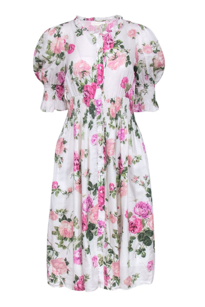 Current Boutique-LoveShackFancy - White w/ Pink Rose Print Midi Dress Sz XS