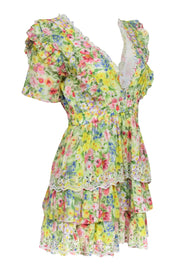 Current Boutique-LoveShackFancy - Yellow Multicolor Floral Print Dress w/ Eyelet Trim Sz S