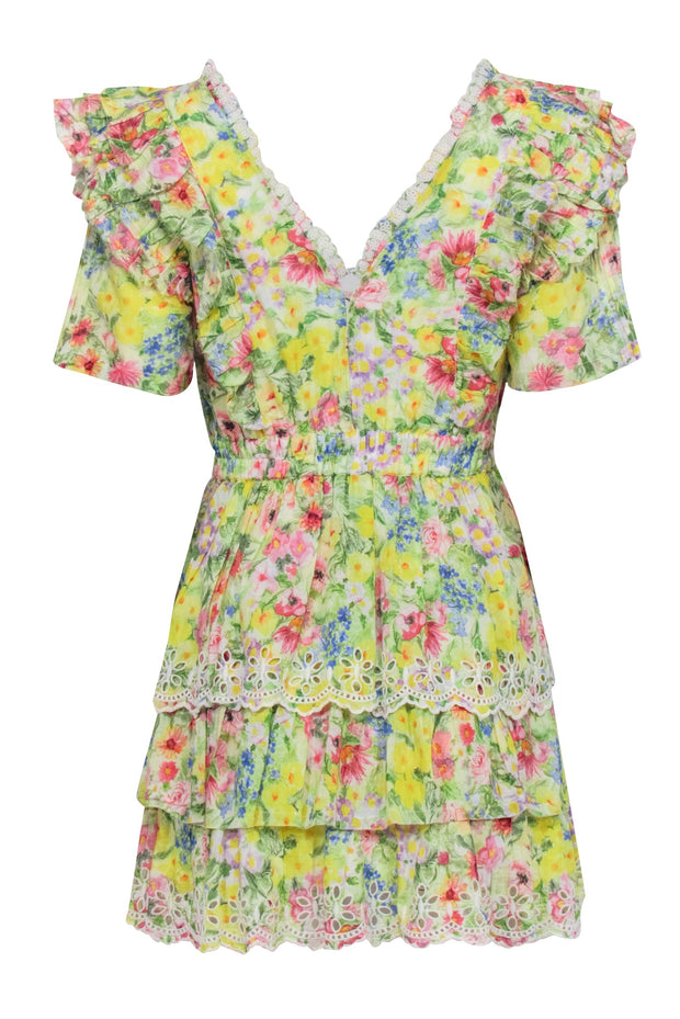 Current Boutique-LoveShackFancy - Yellow Multicolor Floral Print Dress w/ Eyelet Trim Sz S