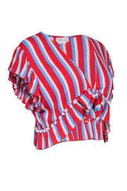 Current Boutique-Lovers & Friends - Red, White, & Blue Stripe Short Sleeve Pom Trim Top Sz M
