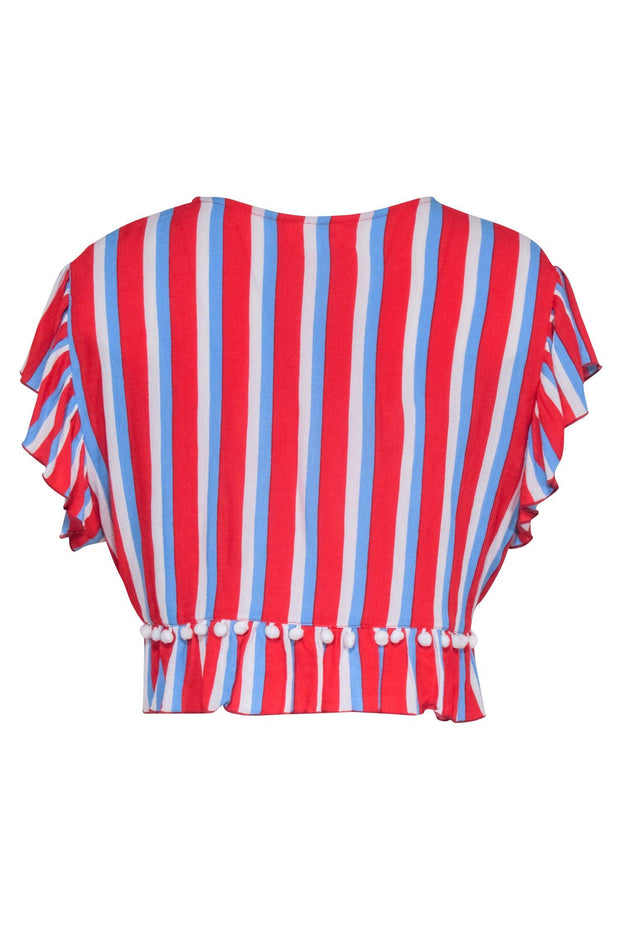 Current Boutique-Lovers & Friends - Red, White, & Blue Stripe Short Sleeve Pom Trim Top Sz M