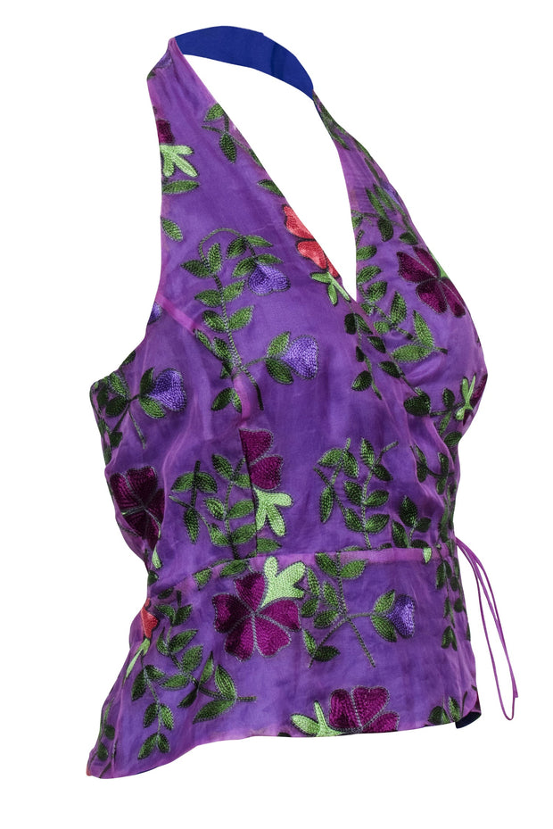 Current Boutique-Luisa Spagnoli - Purple Silk Halter Top w/ Multicolor Embroidered Floral Print Sz 8