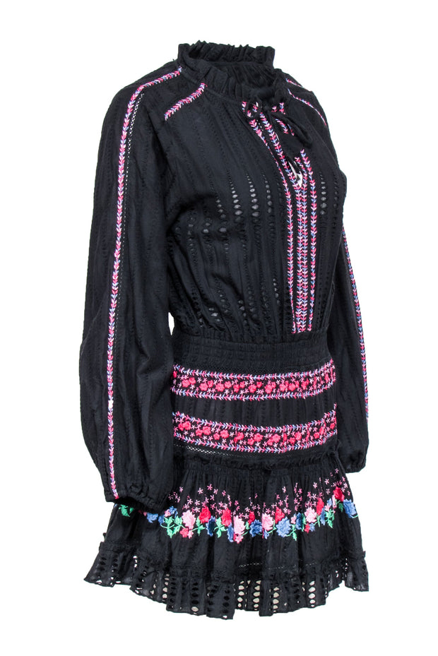 Current Boutique-MISA Los Angeles - Black w/ Pink & Blue Floral Embroidery Dress Sz S