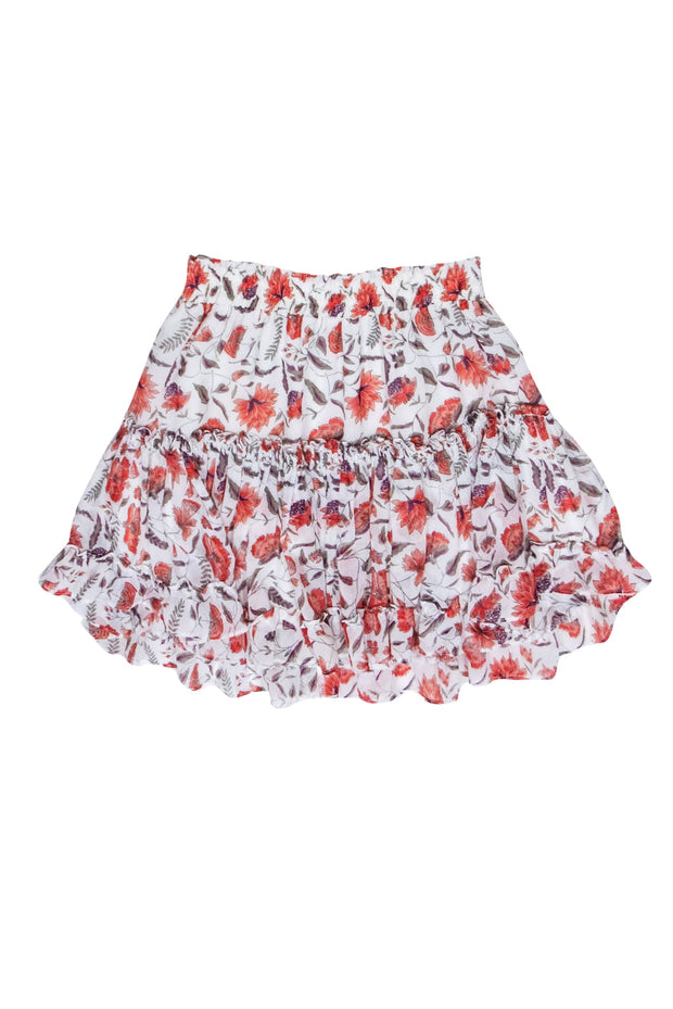 Current Boutique-MISA Los Angeles - Ivory w/ Red & Purple Floral Print Ruffled Mini Skirt Sz S