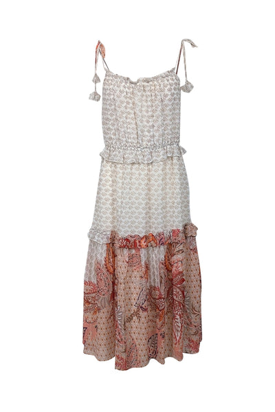 Current Boutique-MISA Los Angeles - Pink, Ivory, & Peach Paisley Print Ruffled Midi Dress Sz S