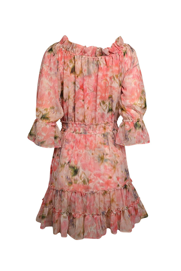 Current Boutique-MISA Los Angeles - Pink, Purple, & Green Watercolor Print Ruffled Chiffon Dress Sz S