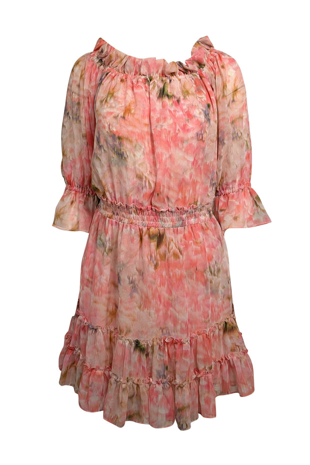 Current Boutique-MISA Los Angeles - Pink, Purple, & Green Watercolor Print Ruffled Chiffon Dress Sz S