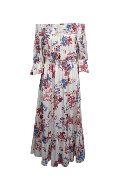 Current Boutique-MISA Los Angeles - White w/ Red & Blue Floral Print Satin Smock Neck Dress Sz S