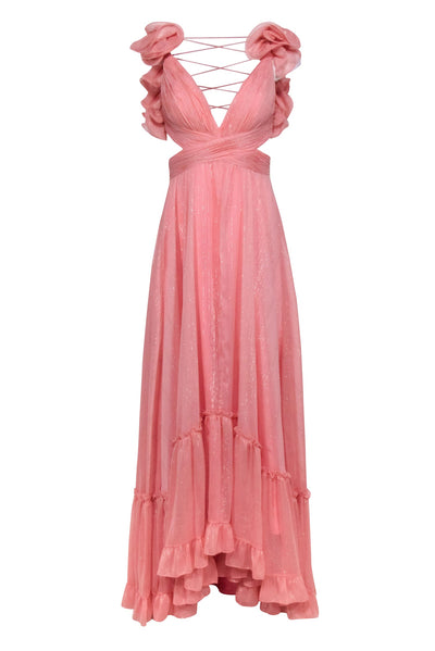 Current Boutique-Mac Duggal - Coral Pink and Metallic Ruffle Shoulder Lace Up Back Gown Sz 2