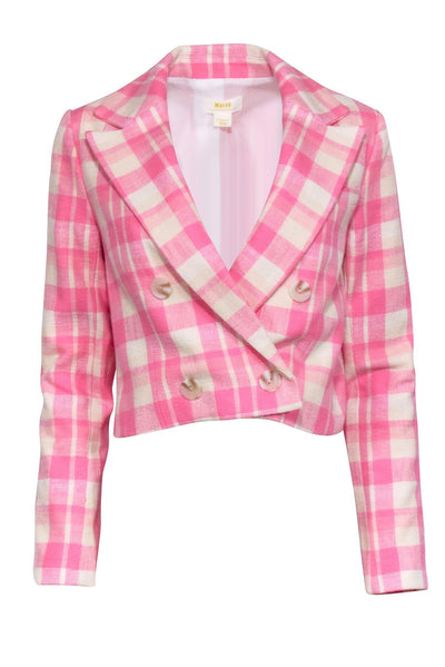 Current Boutique-Maeve - Pink & Cream Plaid Double Breasted Crop Blazer Sz XS