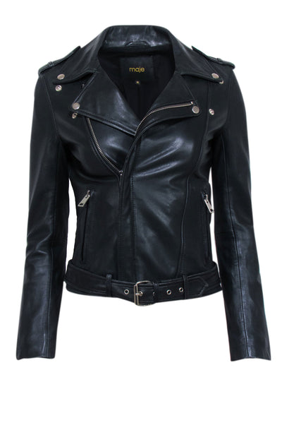 Maje - Black Lamb Leather Moto Zip Jacket Sz 4