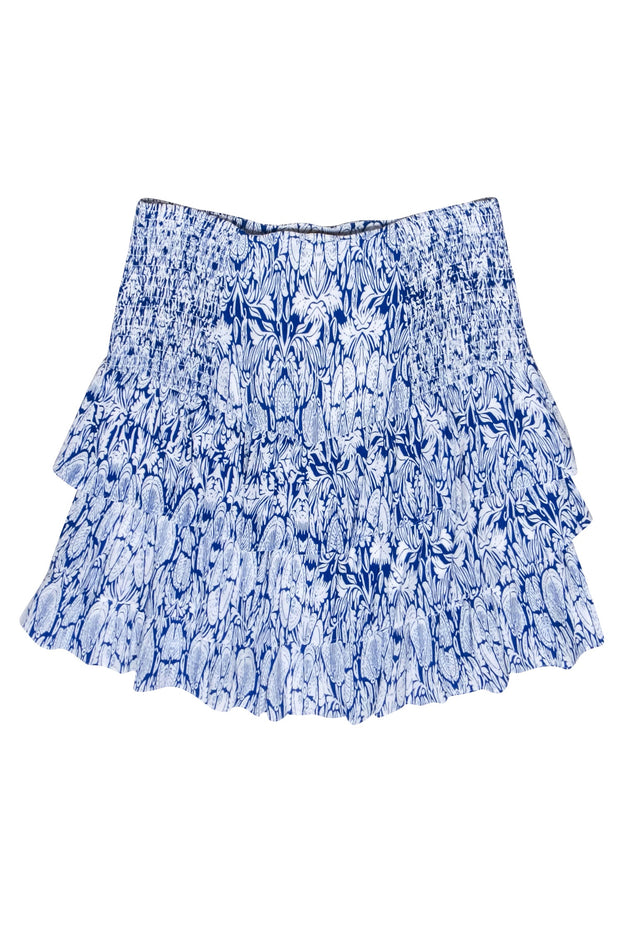 Current Boutique-Maje - Blue & White Abstract Leaf Print Ruffled Mini Skirt Sz L