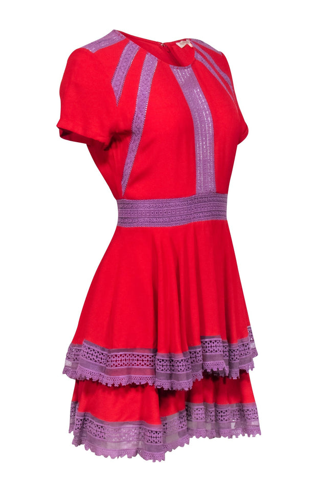 Current Boutique-Maje - Red Ruffled A-Line Dress w/ Lavender Lace Trim Sz 4