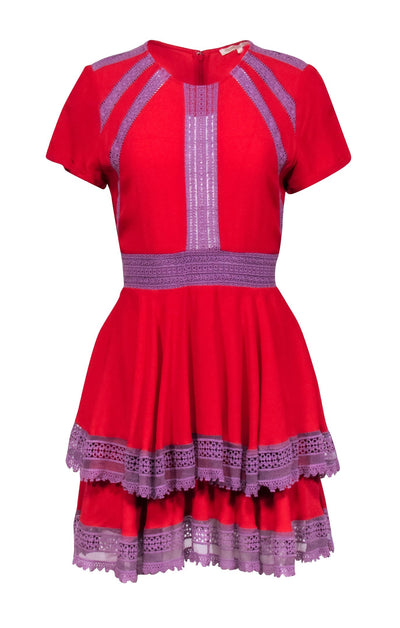 Current Boutique-Maje - Red Ruffled A-Line Dress w/ Lavender Lace Trim Sz 4
