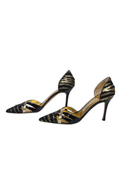 Current Boutique-Manolo Blahnik - Black & Gold Print Animal Hair Pumps Sz 7.5