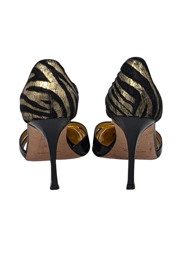 Current Boutique-Manolo Blahnik - Black & Gold Print Animal Hair Pumps Sz 7.5