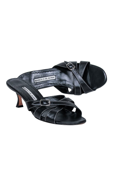 Current Boutique-Manolo Blahnik - Black Leather Strappy Mules w/ Buckle Sz 8