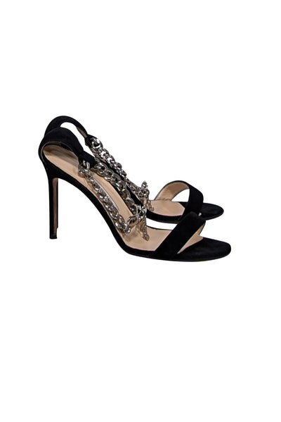 Current Boutique-Manolo Blahnik - Black Suede Chain Strap Open Toe Pumps Sz 9