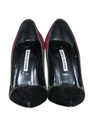Current Boutique-Manolo Blahnik - Maroon & Olive Green Color Block Pointed Toe Pumps Sz 8