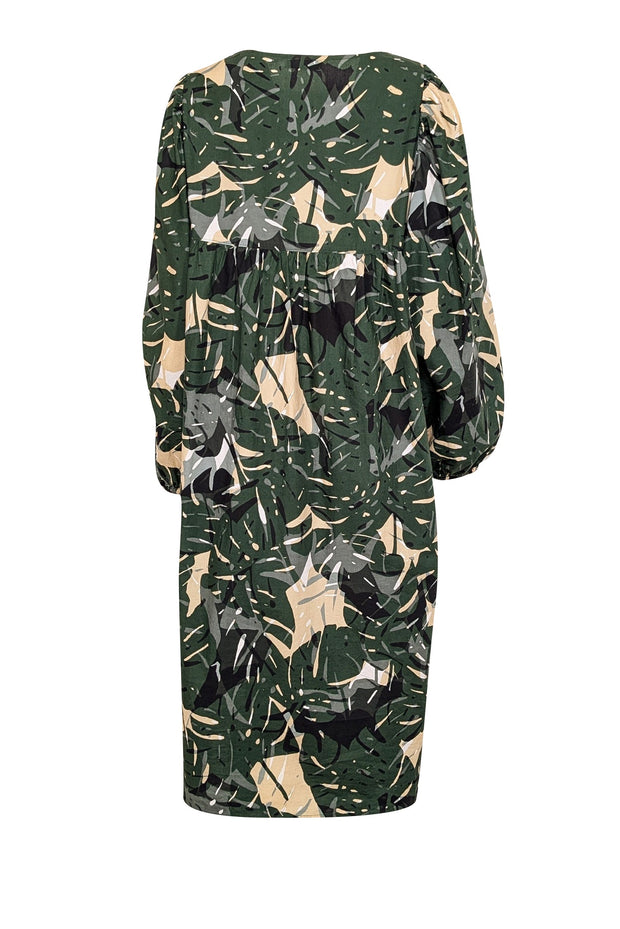 Current Boutique-Marc O'Polo - Green & Cream Leaf Print Long Sleeve Dress Sz XL