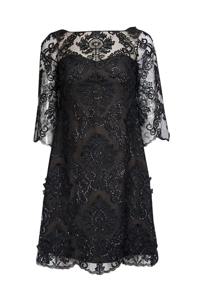 Current Boutique-Marchesa Notte - Black Sequin Lace Applique Short Dress Sz 0