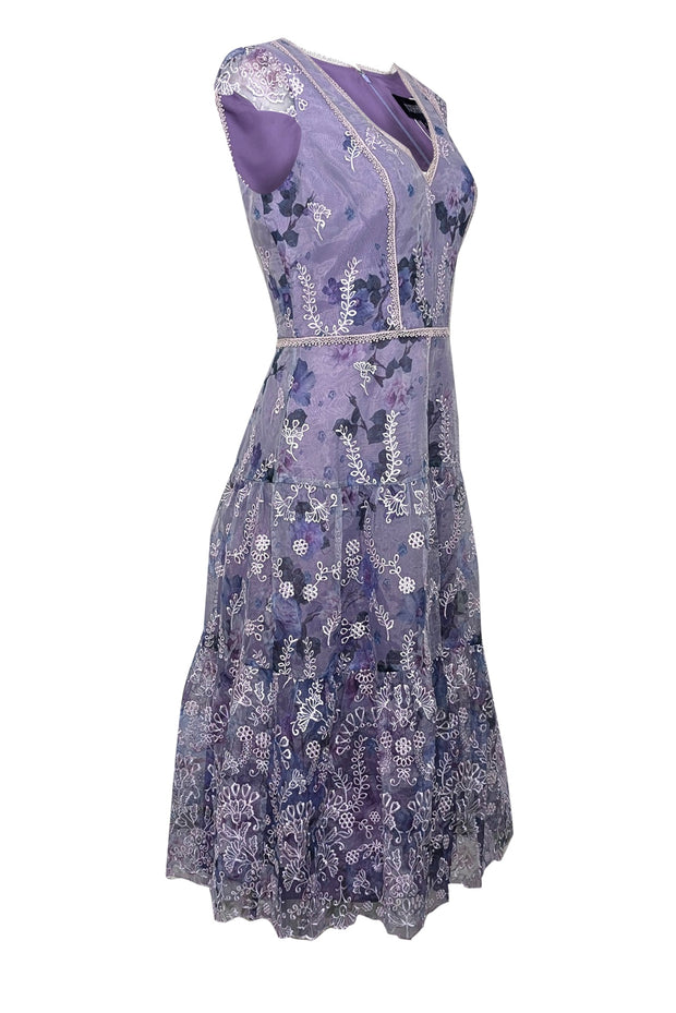 Current Boutique-Marchesa Notte - Lavender Cap Sleeve Floral w/ Embroidered Details Midi Dress Sz 6