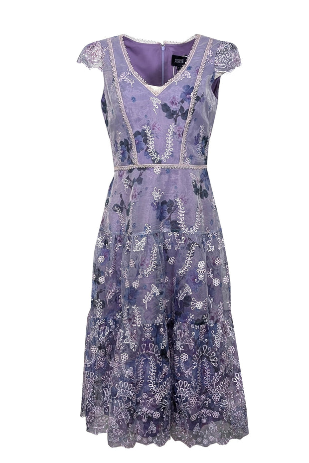 Current Boutique-Marchesa Notte - Lavender Cap Sleeve Floral w/ Embroidered Details Midi Dress Sz 6