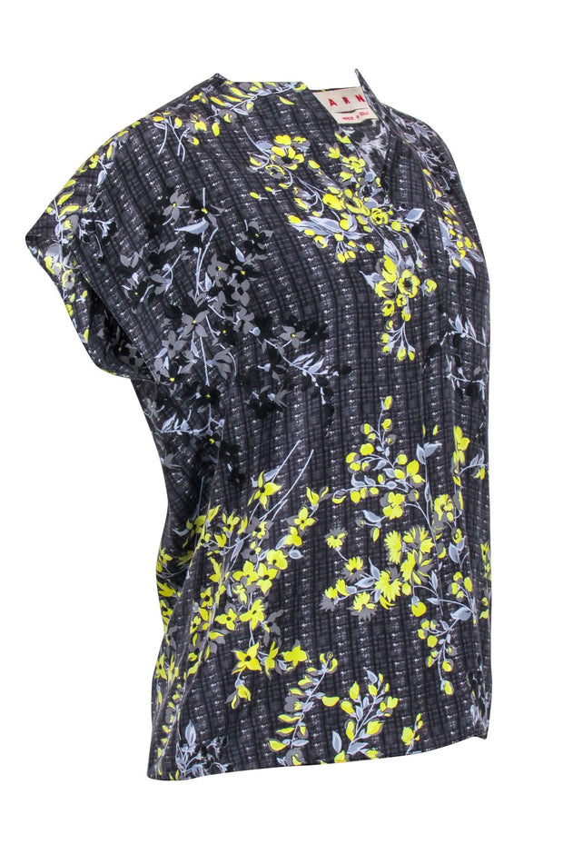 Current Boutique-Marni - Grey & Yellow Floral Print Short Sleeve Top Sz 4