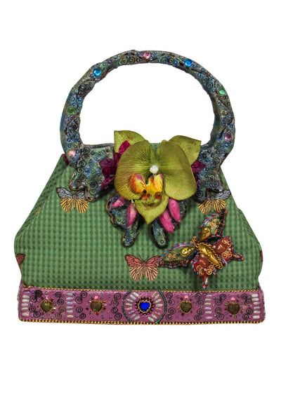 Current Boutique-Mary Frances - Green Embroidered w/ Jewel & Floral Details Mini Bag